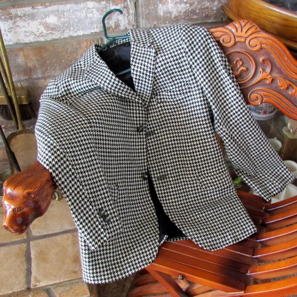 BOY'S WOOL BLAZER, 10-12 MED, BLACK & WHITE HOUNDSTOOTH CHECK, LINED, POCKETS